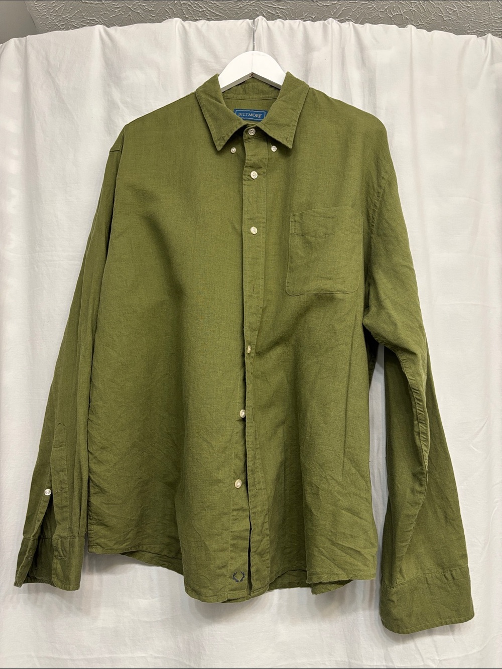 Biltmore Olive Green Linen Cotton Blend Button-Down Shirt Men's XL Long Sleeve
